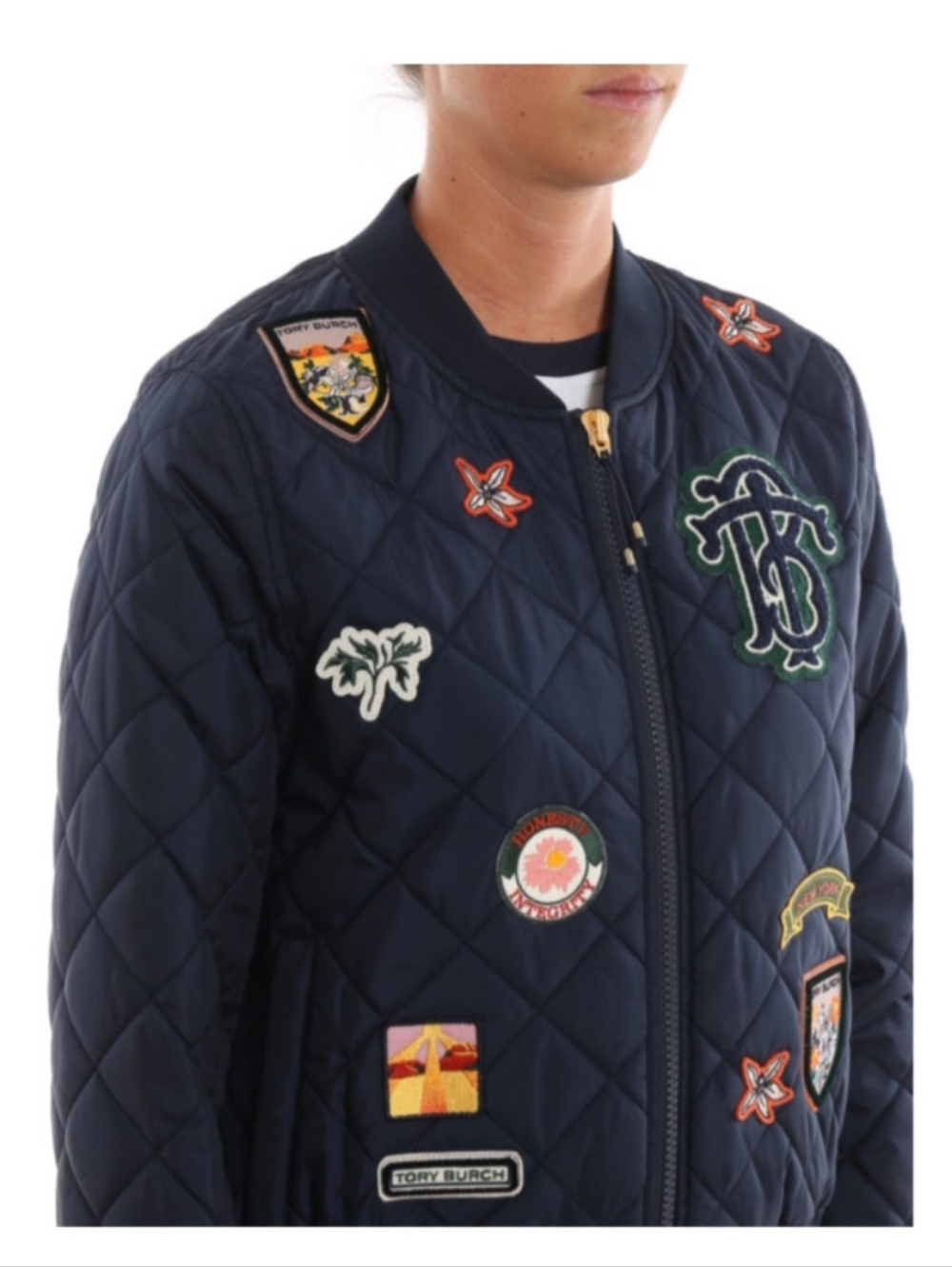 Tory Burch Navy Quilted Patch Bomber Jacket with Multicolor Patches
